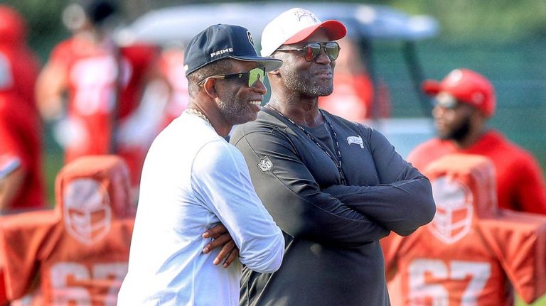 Deion Sanders makes surprise visit at Buccaneers training camp to see son Shilo compete for roster spot