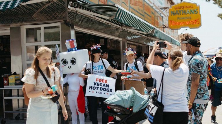 PETA distributes vegan wieners outside Nathan's Hot Dog Eating Contest