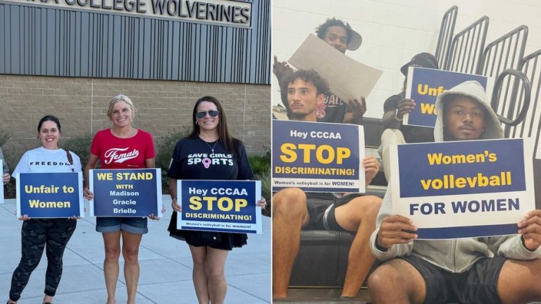 College women's volleyball game featuring trans athlete draws crowd of protesters in California