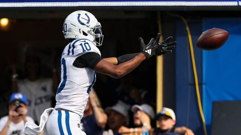 Colts' Adonai Mitchell suffers bizarre fumble near end zone in loss against Rams