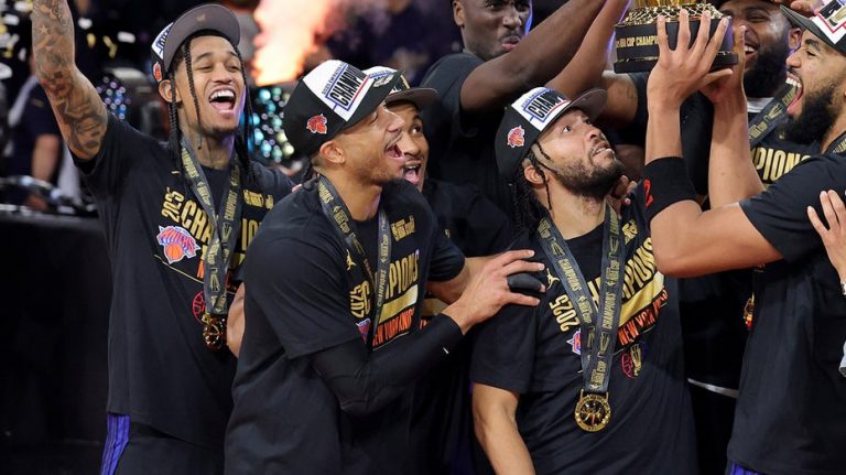 Knicks star caught 'in 4k' sticking finger in teammate's sensitive area during NBA Cup celebration